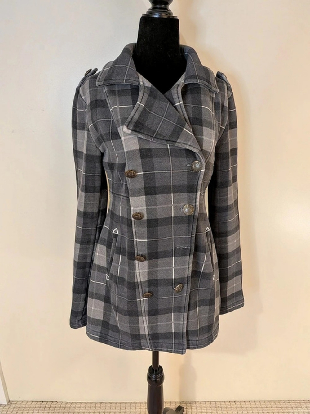 Billabong Plaid Double Breasted Peacoat Fleece Lined Gray Size Small